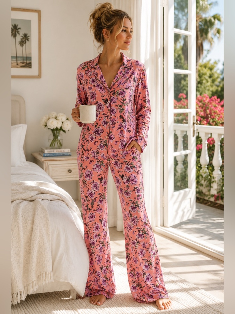 Beach Riot Floral Lounge Set Pink Button Front Pajama Top & Bootcut Pants Small